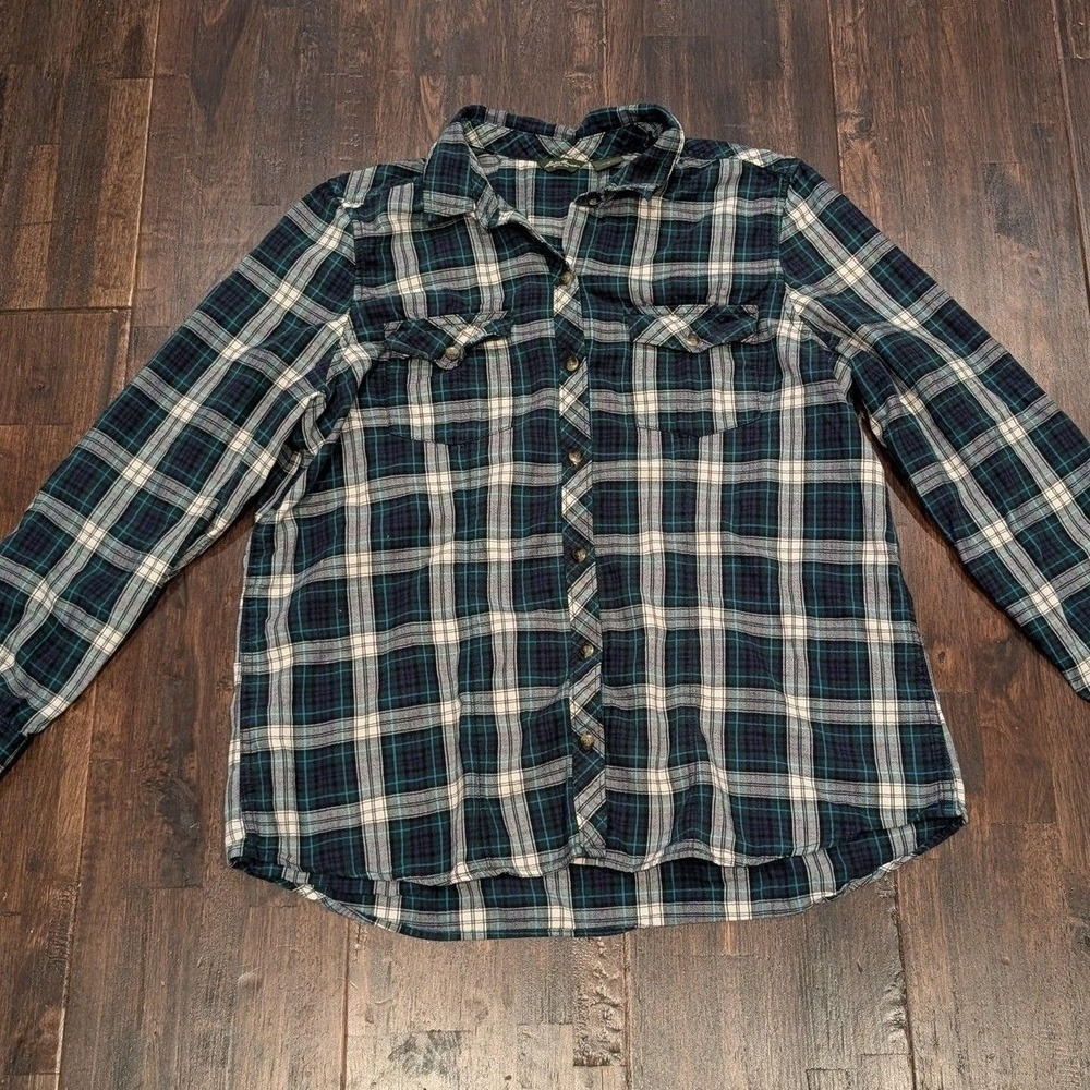 Eddie Bauer Womens XL Blue Green Plaid Flannel Button Down Long Sleeve Shirt